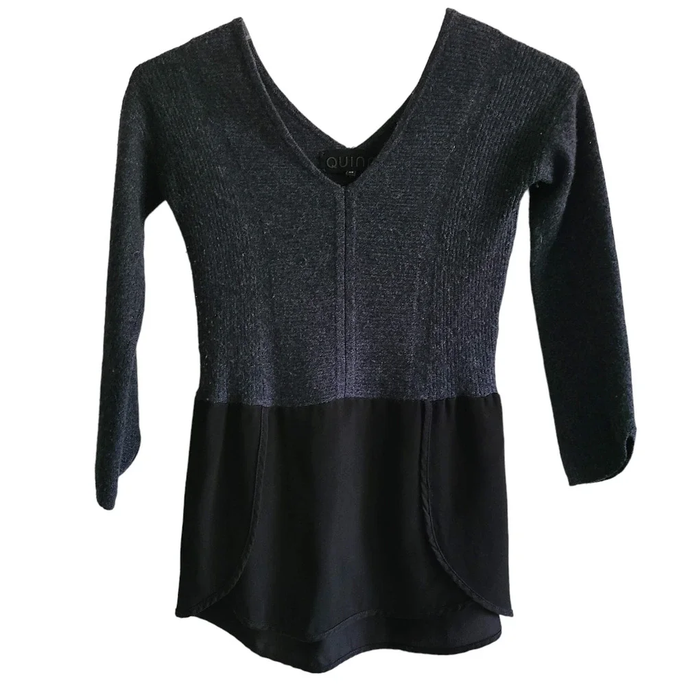 QUINN Cashmere Blend Double V Neck Peplum Sweater Charcoal Gray Black Women's XS